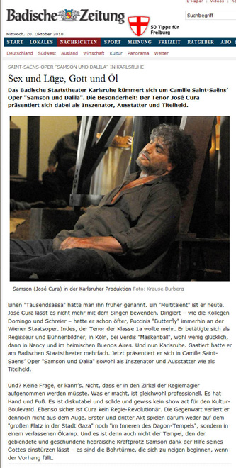 Press for Jos Cura's  production of Samson et Dalila in Karlsruhe 2010.