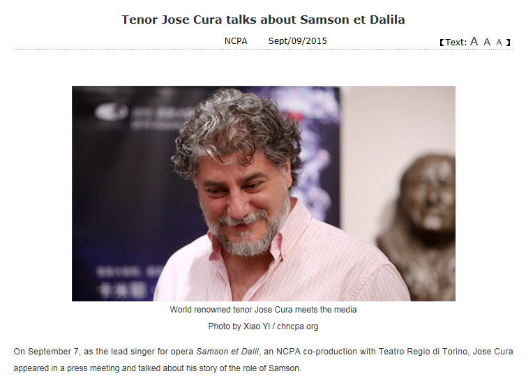 Jos Cura starring as Samson in the 2015 Beijing Opera production of Samsone et Dalila