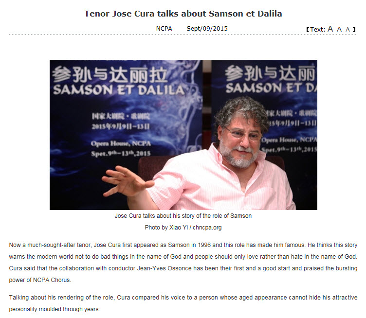 Jos Cura starring as Samson in the 2015 Beijing Opera production of Samsone et Dalila