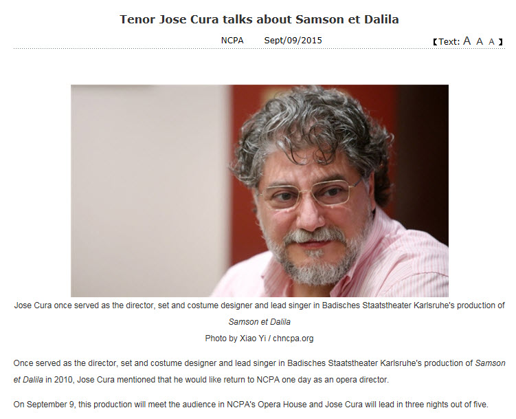 Jos Cura starring as Samson in the 2015 Beijing Opera production of Samsone et Dalila