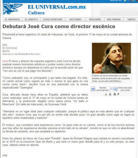 Article - El Universal EFE - Cura debus as stage director