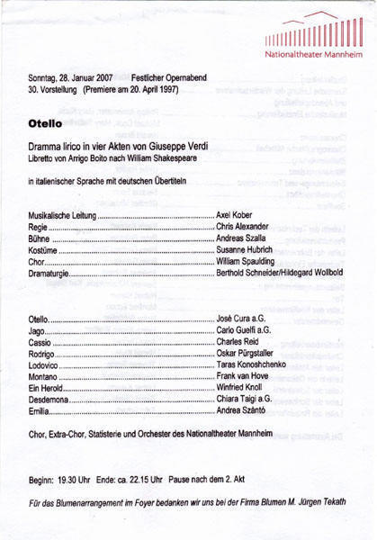 Mannheim Otello Jan 07 Cast Listing